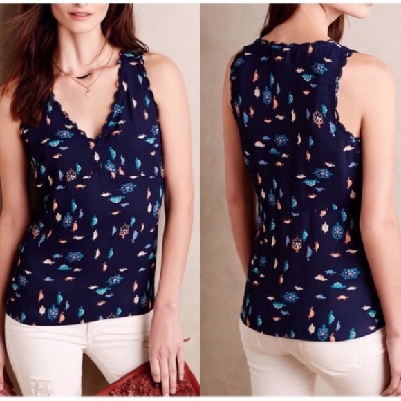 Maeve Tops - Anthro Maeve turtle print semi sheer scalloped tank top size 2